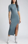 Open Edit Mock Neck Rib Midi Dress In Blue Weather