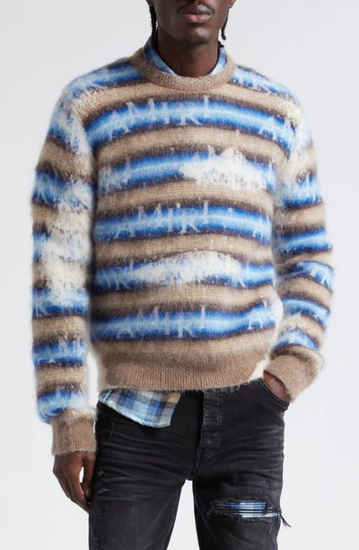 Amiri Bleached Stripe Alpaca, Mohair & Wool Blend Crewneck Sweater In Air Blue