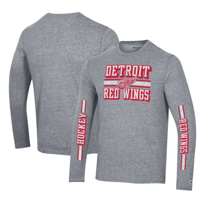 Champion Heather Gray Detroit Red Wings Tri-blend Dual-stripe Long Sleeve T-shirt