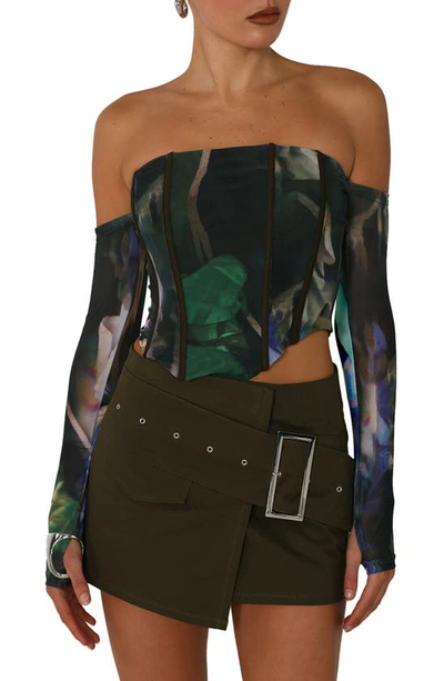 By.dyln Cleo Abstract Print Long Sleeve Mesh Corset In Green Print