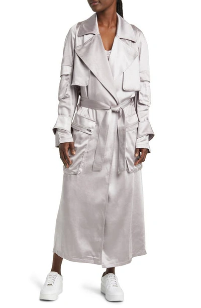 By.dyln Isabella Satin Trench Coat In Silver