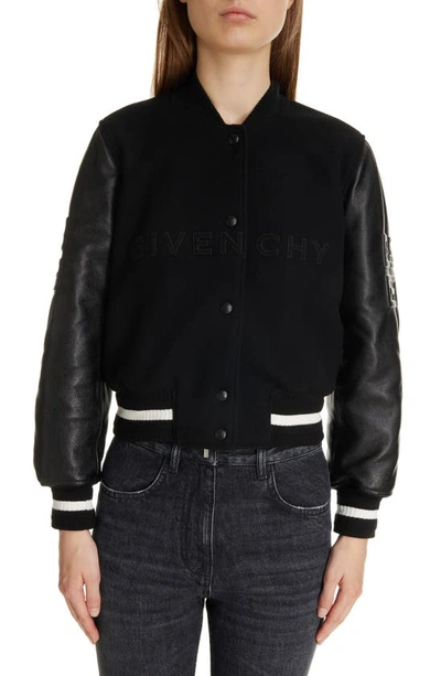 GIVENCHY REGULAR FIT LEATHER & WOOL BLEND CROP VARSITY JACKET