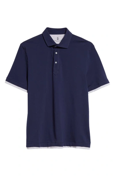 Brunello Cucinelli Cotton Piqué Polo In Ckb21 Blue/ Grigio Chiaro