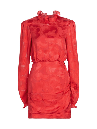 Saloni Rina B Ruffled Satin-jacquard Mini Dress In Hot Coral