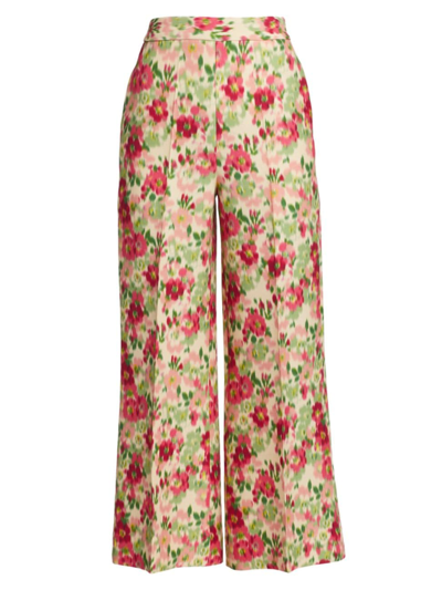 Adam Lippes Women's Cropped Floral Side Zip Trousers In Pistachio Multi