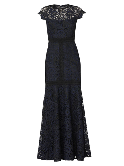 Shoshanna Carlotta Cap-sleeve Floral Lace Gown In Jetnavy