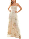 Speechless Juniors Womens Tulle Floral Print Evening Dress In Beige