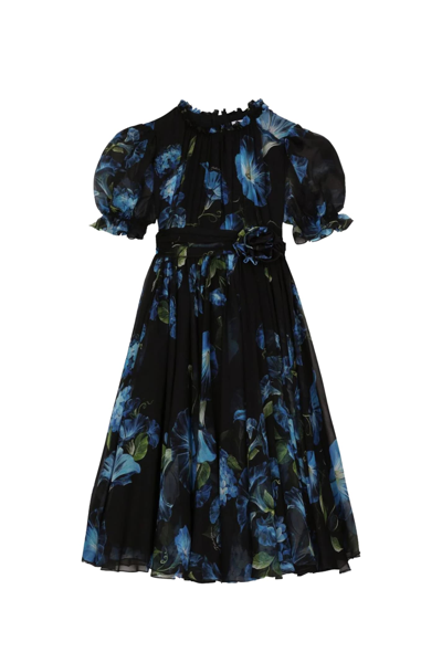 Dolce & Gabbana Kids' Bellflower-print Silk Dress In Black