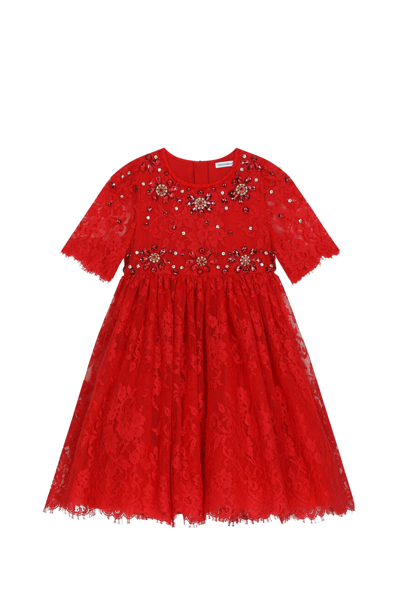 Dolce & Gabbana Kids' Gemstone-embellished Lace Dress In Red