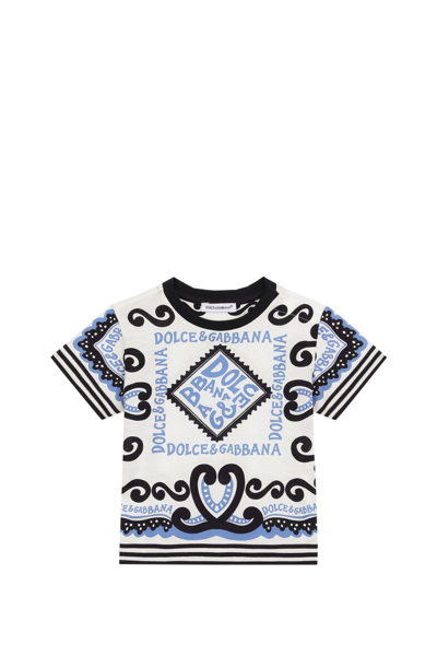 Dolce & Gabbana White T-shirt For Baby Boy With Bandana Print And Logo In Multicolor
