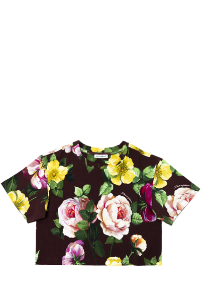 Dolce & Gabbana Kids' Crop T-shirt With Flower Print In Multicolor