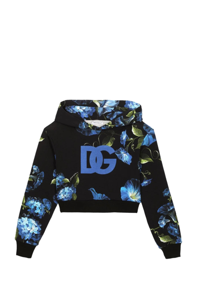 Dolce & Gabbana Kids' Bellflower-print Crop Hoodie In Multicolor