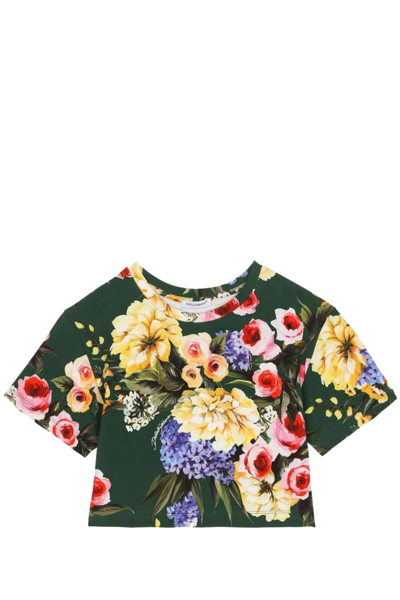 Dolce & Gabbana Kids' Giardino-print Crop T-shirt In Green