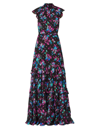 Shoshanna Loretta Tiered Floral-print Ruffle Gown In Jet Jewel Pink Multi