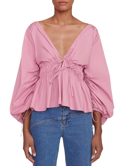 Staud Shelby Womens Ruched Poplin Peplum Top In Pink