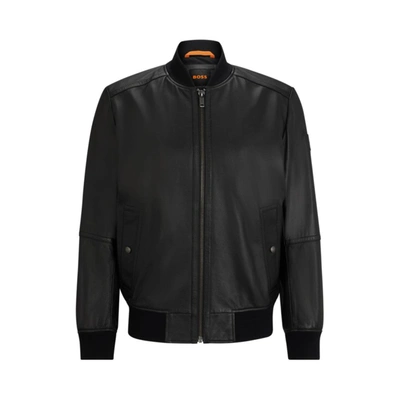 Hugo Boss Regular-fit Jacket In Textured Soft-touch Leather In Black