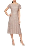 Slny Cap Sleeve Tea Length Sequin Lace Dress In Taupe In Grey