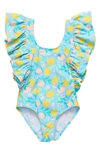 Snapper Rock Lemon Drops Wide Frill Swimsuit In Blue Multi