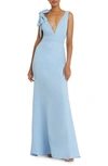 Mac Duggal Bow Shoulder V-neck Gown In Powder Blue