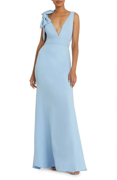 Mac Duggal Bow Shoulder V-neck Gown In Powder Blue