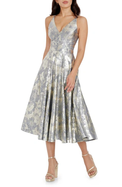 Dress The Population Women's Delilah Metallic Brocade Cocktail Dress In Pewter Multi