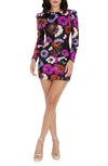 DRESS THE POPULATION HAZEL FLORAL SEQUIN LONG SLEEVE MINIDRESS