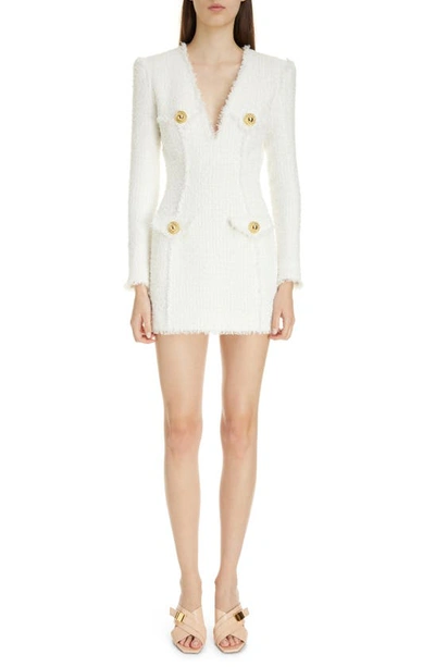 Balmain Long-sleeve 4-button Tweed Short Dress In White