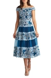 TADASHI SHOJI EMBROIDERED FLORAL LACE PLEATED OFF THE SHOULDER DRESS