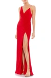 Mac Duggal Asymmetrical Pearl Strap V-neck Gown In Red