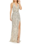 Mac Duggal Embellished Bead And Sequin Halter Strap Trumpet Gown In Silver Nude