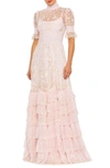 Mac Duggal High Neck Ruffle Tiered Floral Gown In Rose Pink
