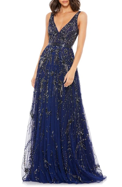 Mac Duggal Embellished V-neck Long Gown In Midnight