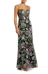 Mac Duggal Spaghetti Strap Bustier Embroidered Applique Gown In Black Multi