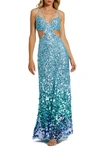 Mac Duggal Thin Strap Cut Out Gown With Ombre Sequins In Ice Blue