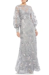Mac Duggal Embellished Illusion High-neck Bishop-sleeve Gown In Platinum