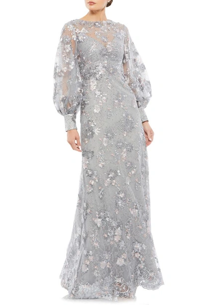 Mac Duggal Embellished Illusion High-neck Bishop-sleeve Gown In Platinum