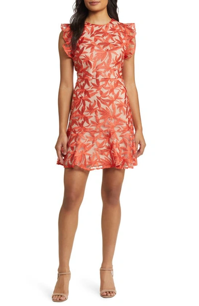 Sam Edelman Leaf Embroidered Mini Dress Coral In Orange