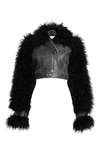 VAQUERA CROP LEATHER MOTO JACKET WITH FAUX FUR SLEEVES