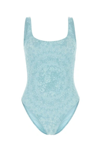 Versace Woman Printed Stretch Polyester Swimsuit In Blue