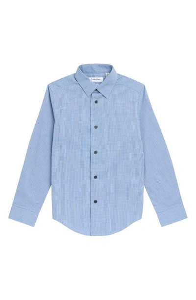 Calvin Klein Kids' Boy's Husky Modern Fit Logo-adorned Polka-dot Print Shirt In Ice Blue