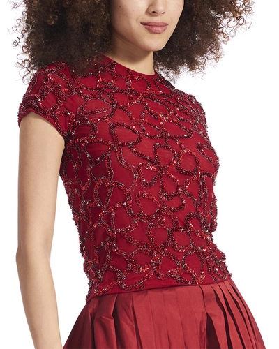 Emily Shalant Crystal Loopy Bow Hand Beaded Top In Red