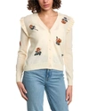 MINNIE ROSE EMBROIDERED FLOWER RUFFLED CASHMERE CARDIGAN