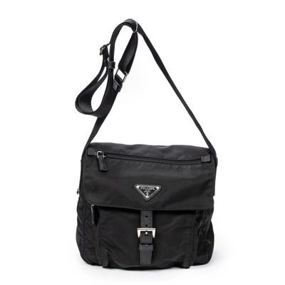 Prada Buckle Flap Messenger Crossbody In Black