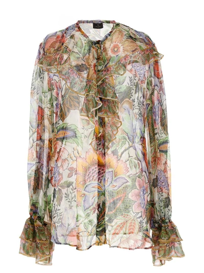 Paul Smith Ruffled Floral-print Silk Shirt In Dk Navy