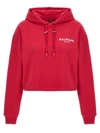 Balmain Logo-flocked Cropped Hoodie In Fuchsia