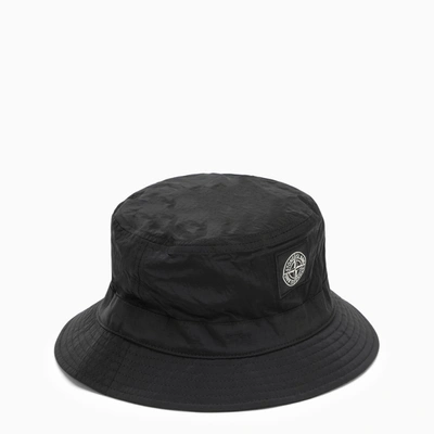 Stone Island Black Bucket Hat In Nylon With Logo