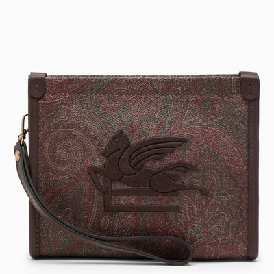 Etro Paisley Clutch Bag In Coated Canvas With Logo In Brown