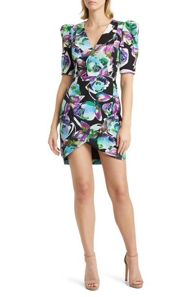 Black Halo Neyda Floral-print Puff-sleeve Mini Dress In Secret Grove