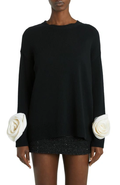 Valentino Wool Knit Sweater W/ Collar And Roses In Black