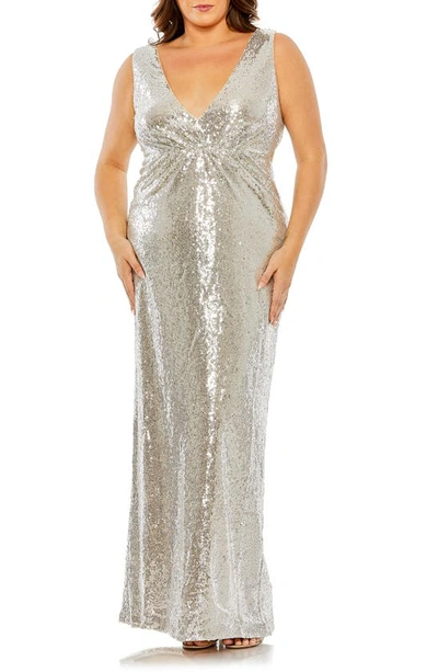 Mac Duggal Sequin V-neckline Back Cutout Gown In Nude Silver